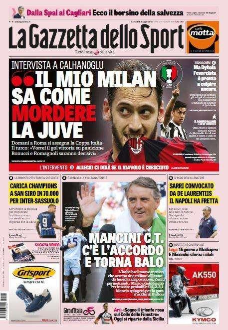 La Gazzetta dello Sport in prima pagina: "Mancini ct, c'è l'accordo e torna Balotelli"