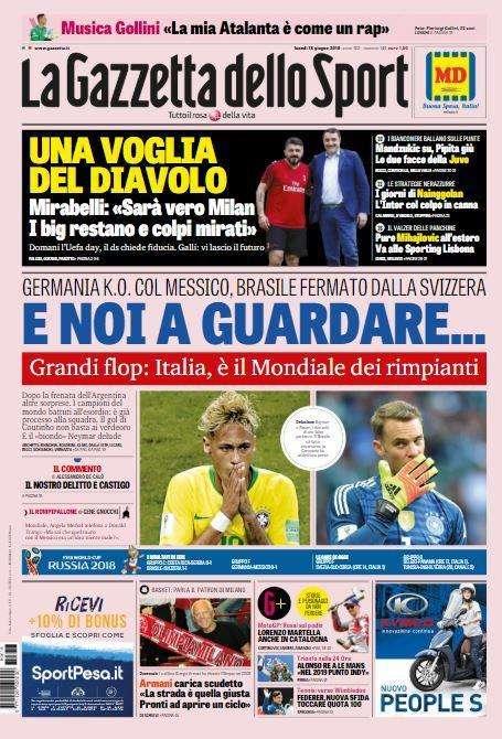 L'apertura della Gazzetta: "Germania ko, Brasile pari: e noi restiamo a guardare..."