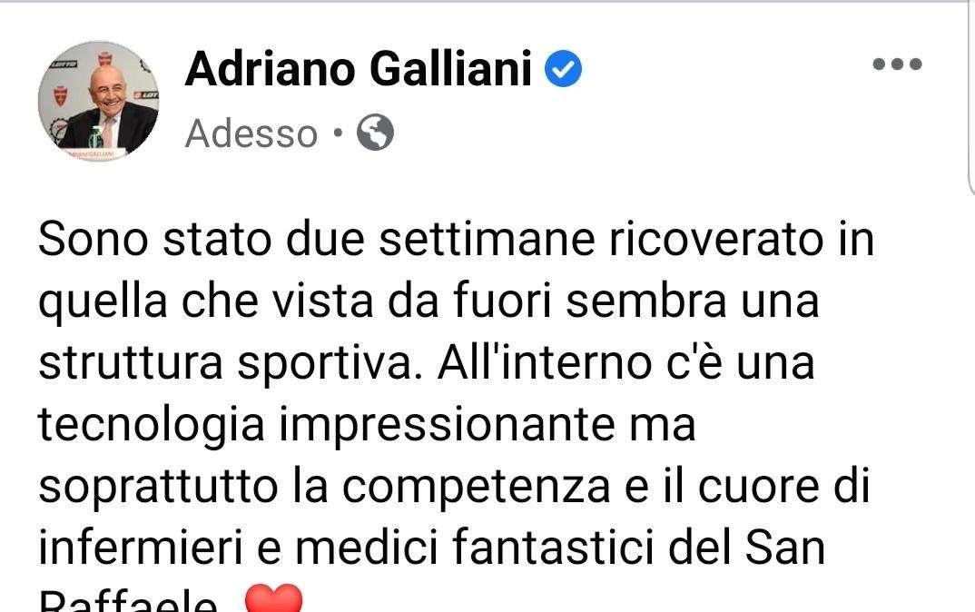 Galliani dimesso dal San Raffaele: "Grazie a medici e infermieri fantastici"