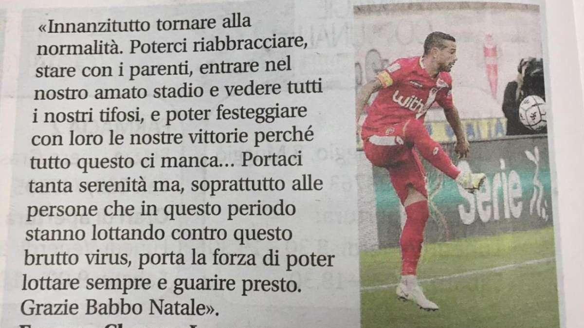 Lepore scrive a Babbo Natale: "Vorrei rivedere tutti i tifosi allo stadio e poter festeggiare con loro vittorie"