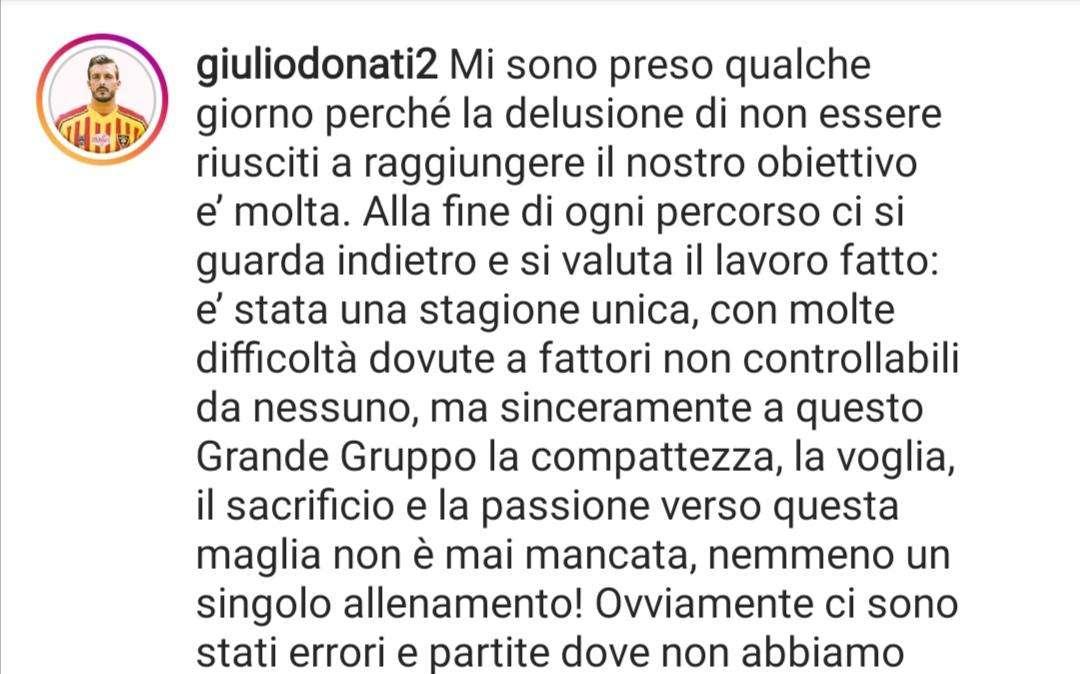 Donati su Instagram: "Lecce, ripartiamo più determinati". Sfuma il trasferimento al Monza? 
