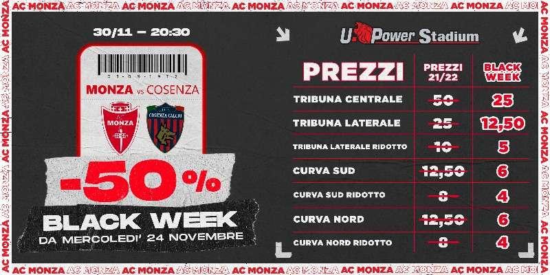 Monza-Cosenza, prezzi al 50% per la Black Week