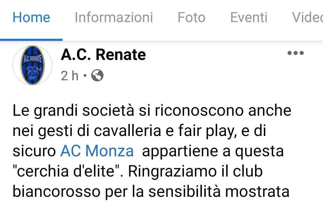 Il Renate ringrazia il Monza per la disponibilità dell'U-Power Stadium