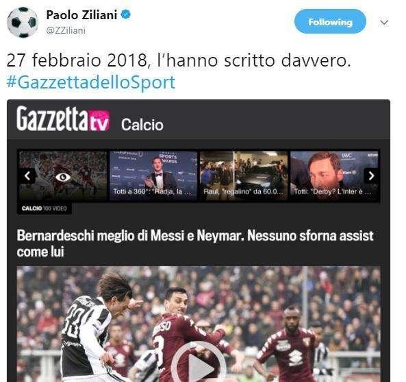 "Bernardeschi meglio di Messi e Neymar": Ziliani punge per il titolo della Gazzetta