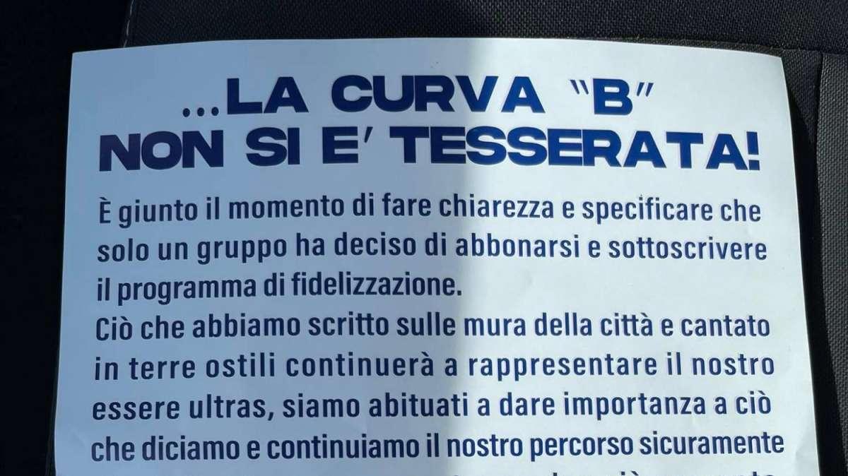 FOTO - Comunicato Curva B: "Non ci siamo tesserati! Restiamo fieri depositari del nostro verbo"