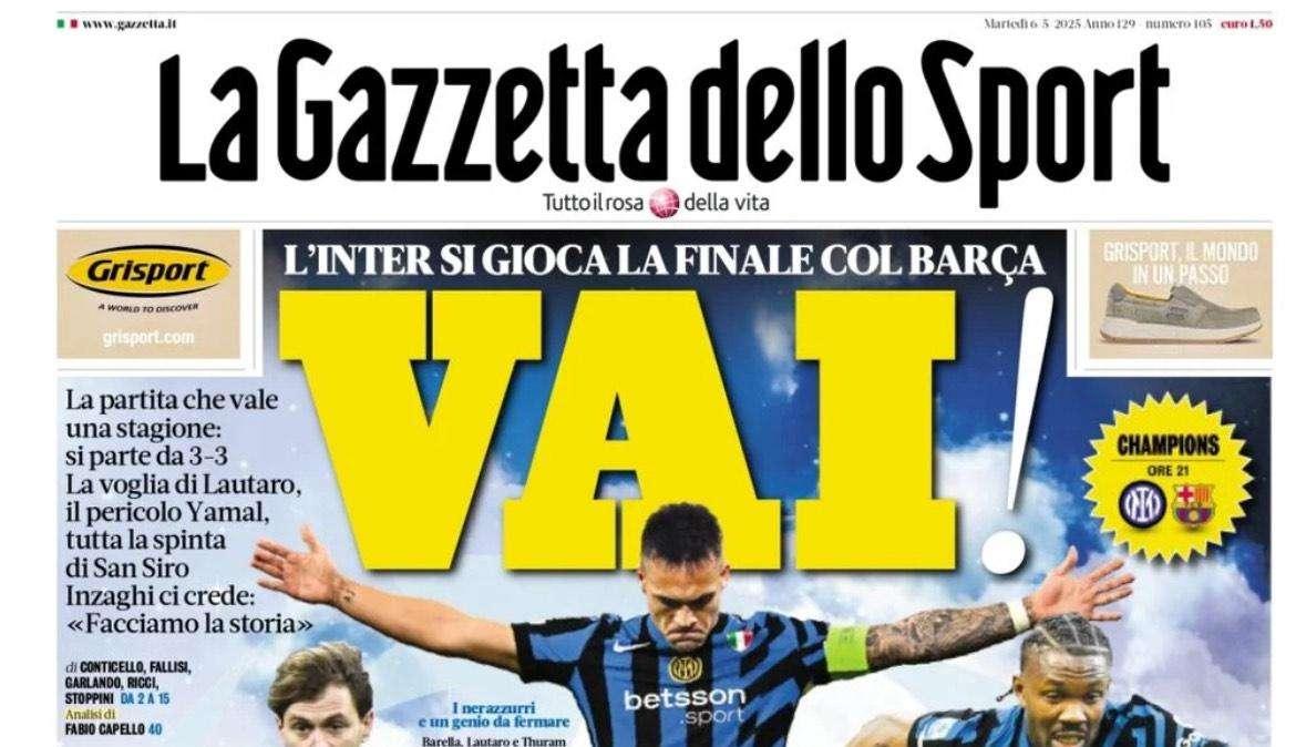 La Gazzetta dello Sport: "L'Inter si gioca la finale col Barcellona"