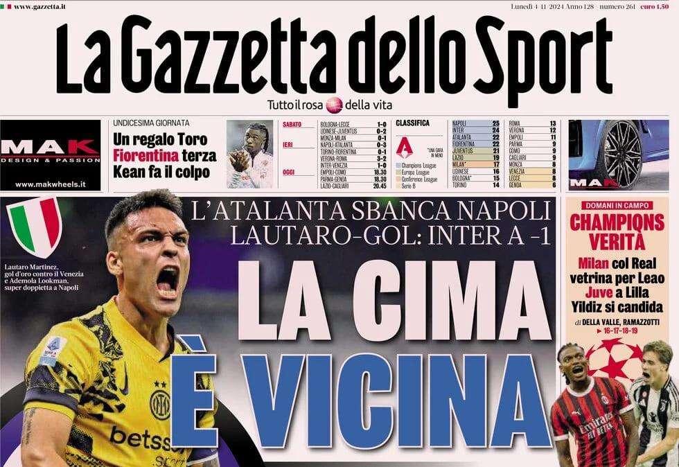 Gazzetta dello Sport: "Lookman da Scudetto. Conte: 'Loro più forti'"