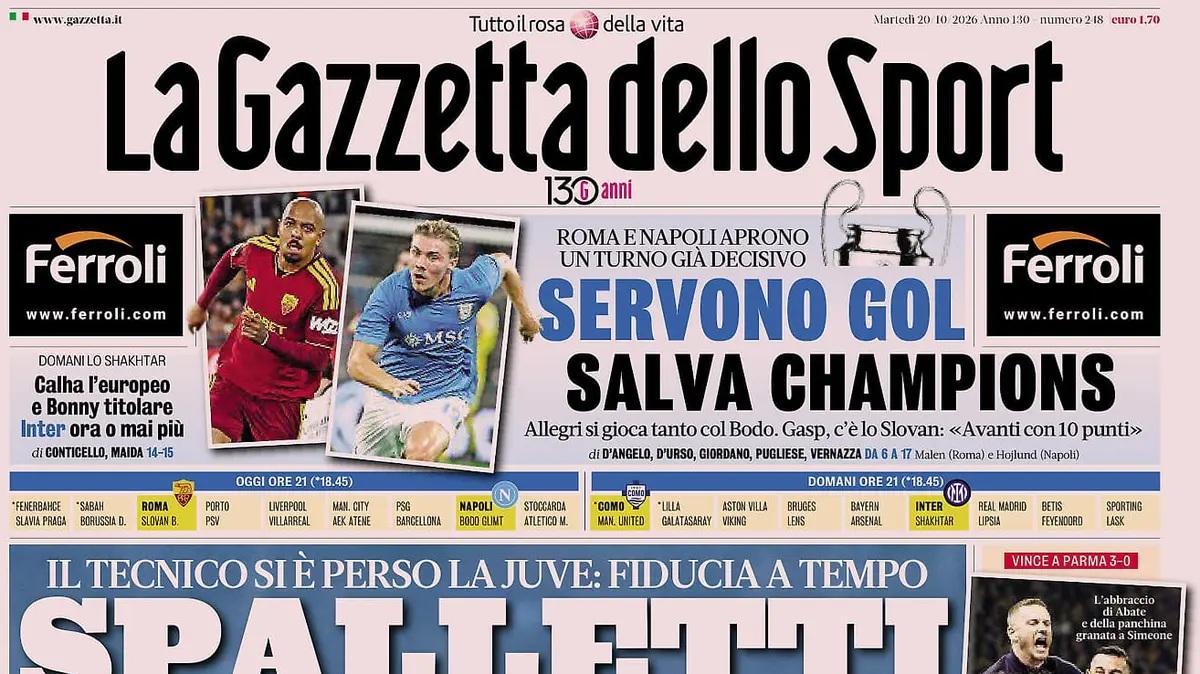 Napoli in Champions, Gazzetta dello Sport:  "Allegri si gioca tanto col Bodo"