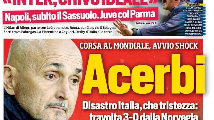 Disastro Italia, Corriere dello Sport: "Acerbi! Che tristezza"