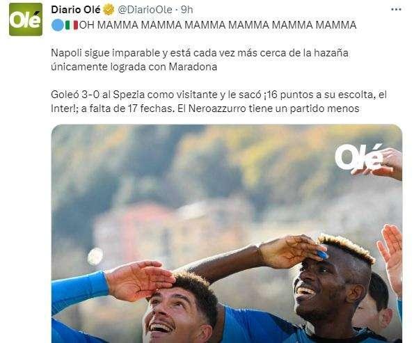 In Argentina impazziscono per il Napoli, Diario Olè titola: "Oh mamma..."