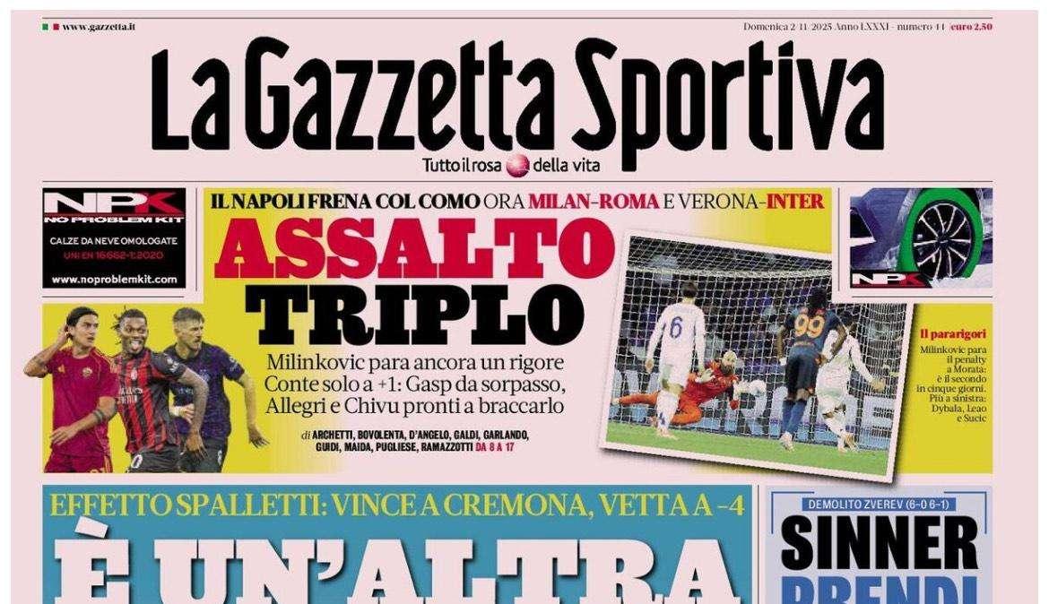 La Gazzetta dello Sport dopo il pari del Napoli: "Assalto triplo"