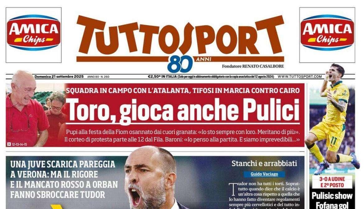 Tuttosport apre con le parole di Tudor contro l'arbitraggio: "Una vergogna!"