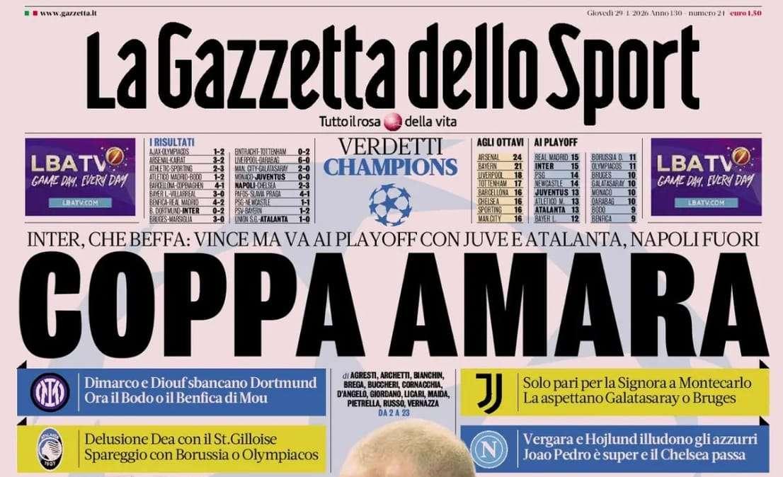 Napoli out, Gazzetta dello Sport: "Coppa amara"