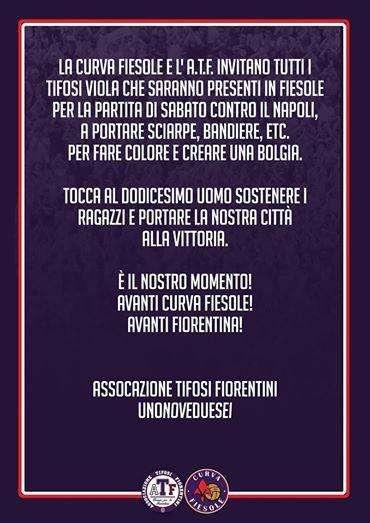 Firenze non vede l'ora di affrontare il Napoli: chiesto ai tifosi di portare sciarpa e bandiere allo stadio 
