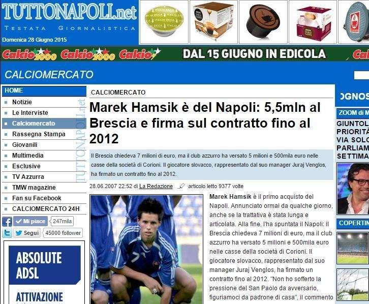 28 giugno 2007: otto anni dall'acquisto di Marek Hamsik: lo slovacco che ha riscritto la storia azzurra