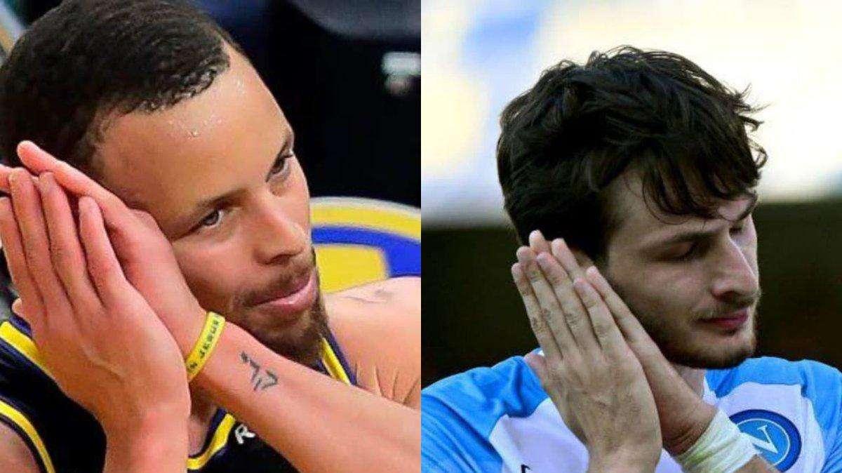 FOTOGALLERY - Kvaratskhelia segna ed esulta col "Night, night" della stella Nba Curry