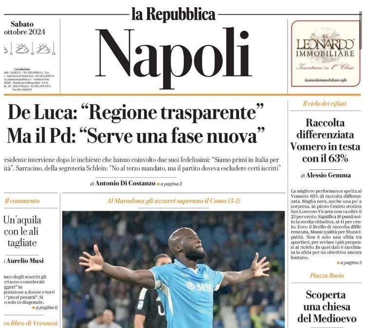 La Repubblica-Napoli: "Il Napoli vince ancora e va in fuga. Lukaku è decisivo"