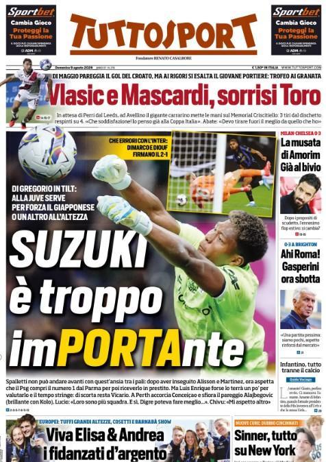 Di Gregorio in tilt, Tuttosport sulla Juve: "Suzuki è troppo imPORTAnte"