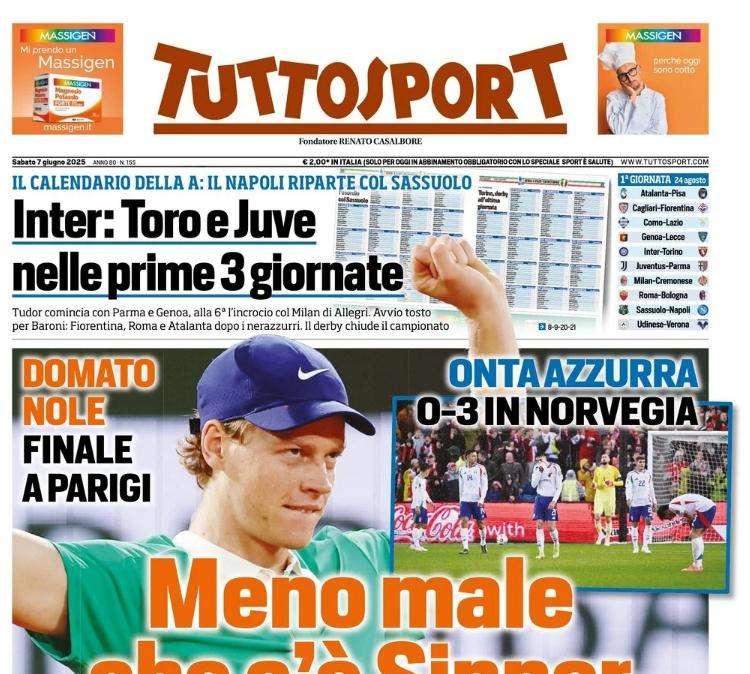 Figuraccia Italia, Tuttosport: "Onta azzurra, 3-0! Meno male c'è Sinner"