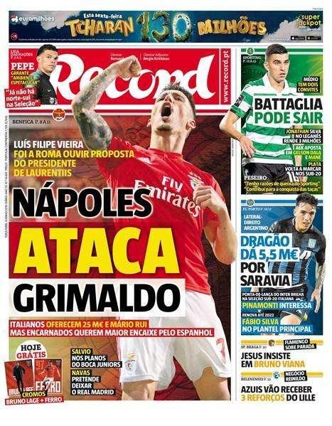 FOTO - Dal Portogallo, Record: "Napoli all'attacco per Grimaldo! Offerti 25mln più Mario Rui"