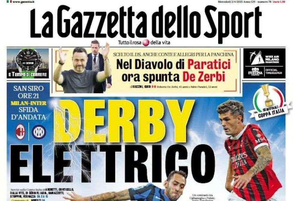 Gazzetta su Milan-Inter di Coppa Italia: "Derby elettrico"