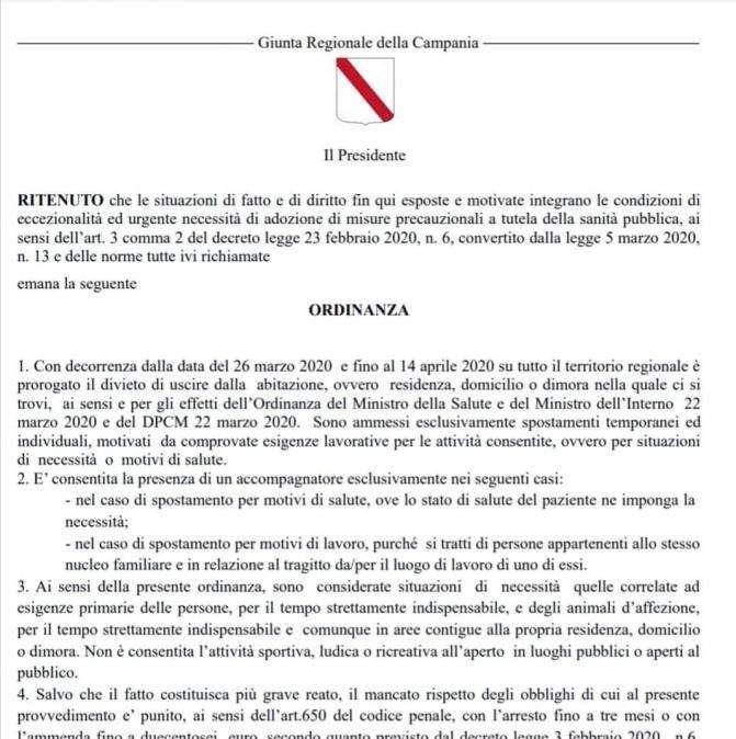 UFFICIALE - In Campania prolungata la quarantena: durerà fino al 14 aprile 