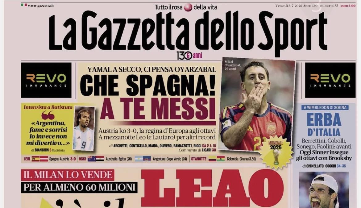 Inter, sprint Khalaili e Leao lascia il Milan: la prima della Gazzetta dello Sport