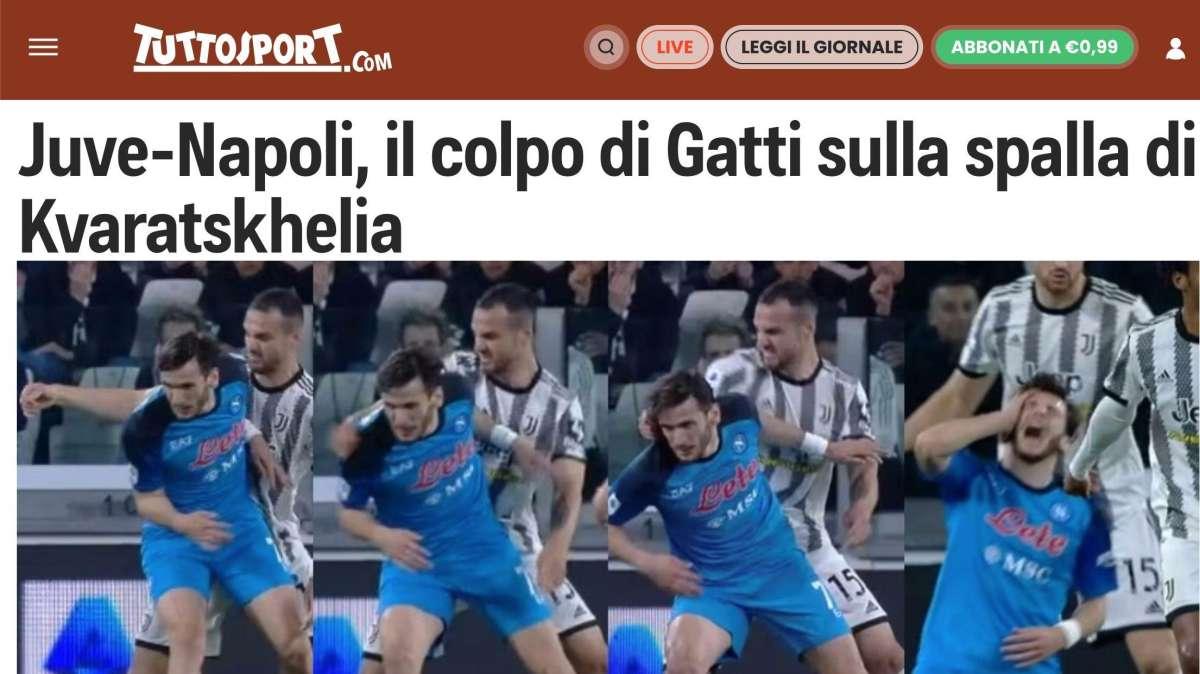 FOTO - Tuttosport surreale: “Ecco il colpo di Gatti sulla spalla di Kvara”