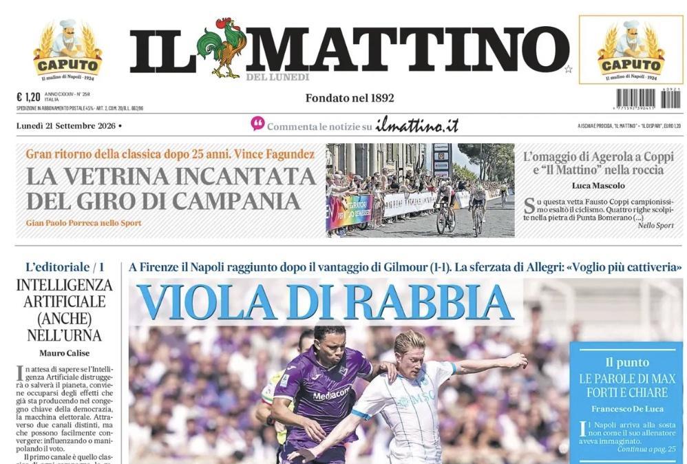 Napoli raggiunto a Firenze, Il Mattino: "Viola di rabbia"