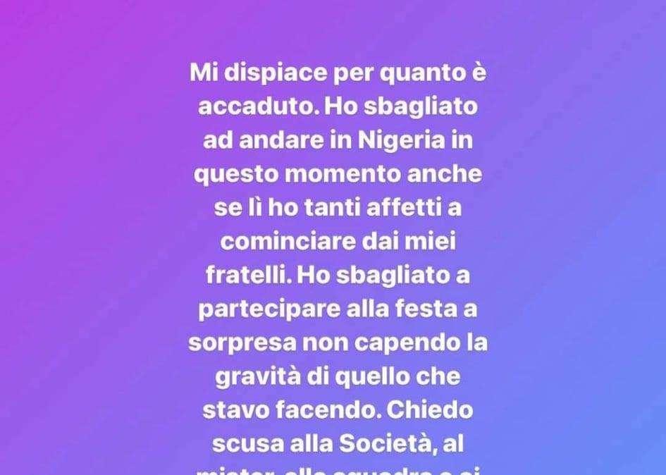 FOTO - Le scuse di Osimhen: "Ho sbagliato, non ho capito la gravità della festa a sorpresa"