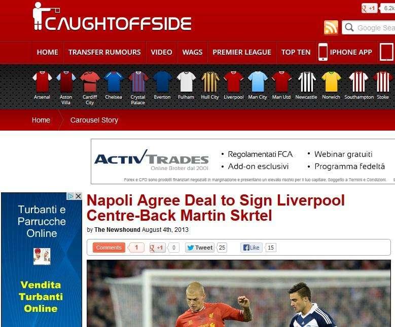 ANTEPRIMA – Dall’Inghilterra: Napoli-Skrtel, c’è l’accordo. Il difensore raggiungerà il connazionale Hamsik