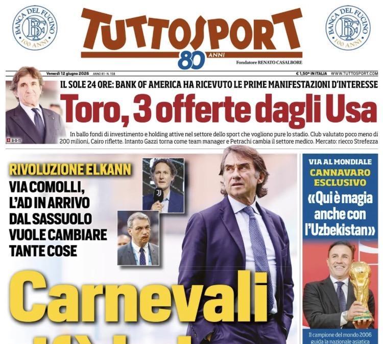 Altre di A, Tuttosport: "Carnevali rifà la Juve. Offerte Usa per il Torino"