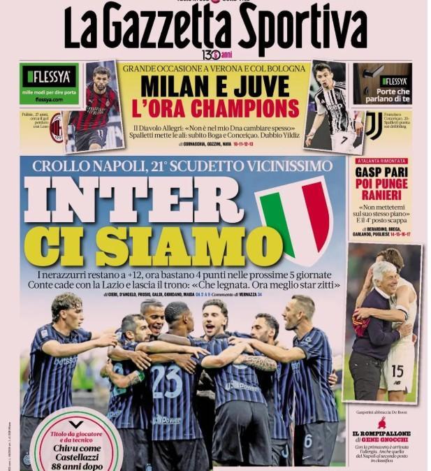 La Gazzetta dello Sport dopo il ko del Napoli: "Inter, ci siamo per lo Scudetto"