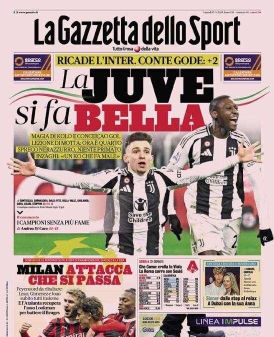 Gazzetta dello Sport: "Ricade l'Inter e Conte gode: a +2 sui nerazzurri"