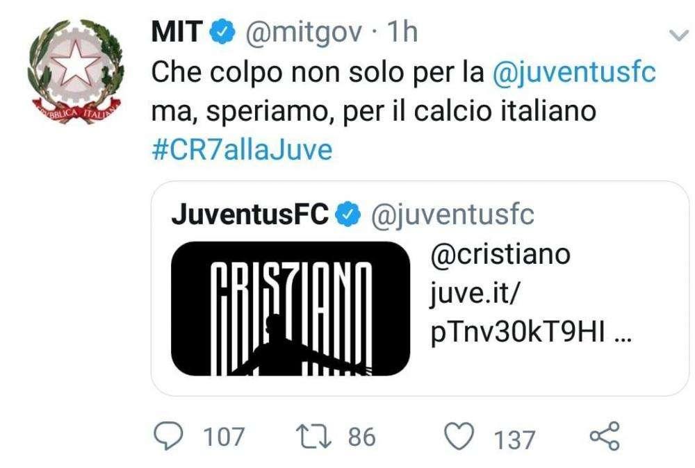 FOTO - Figuraccia per il Ministero delle Infrastrutture e dei Trasporti: prima il tweet per CR7, poi le scuse