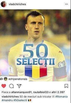 FOTO - Chiriches per 50 volte con la maglia della Romania, il traguardo celebrato su Instagram 