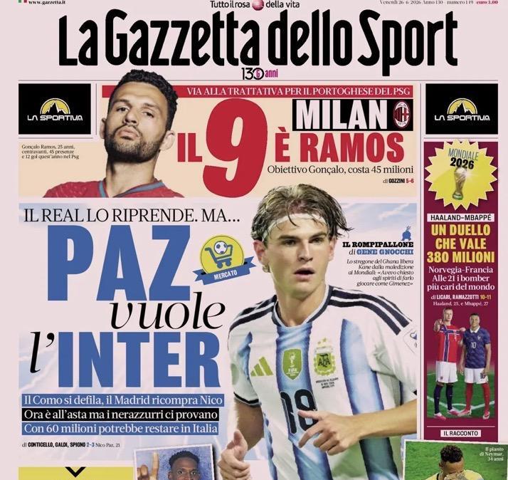 Nico Paz torna al Real, Gazzetta dello Sport: "Vuole l'Inter. Juve, c’è Lucumi"