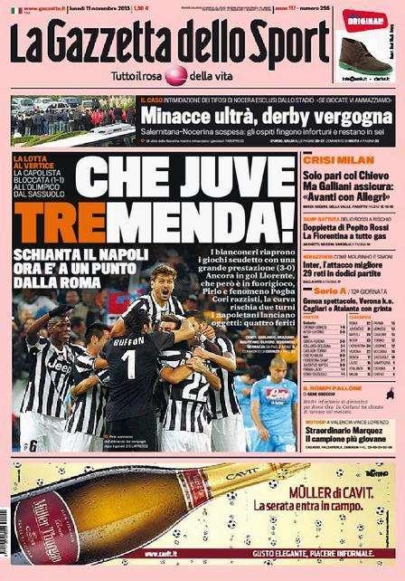 FOTO - Gazzetta, prima pagina: "Juve tremenda, Napoli schiantato"
