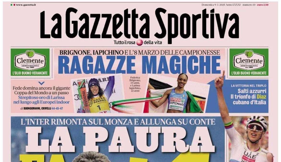 La Gazzetta dello Sport apre con l'allungo Inter: "La paura fa +4"