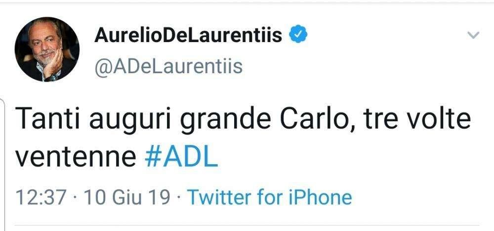 FOTO - De Laurentiis: "Auguri al grande Carlo, tre volte ventenne"