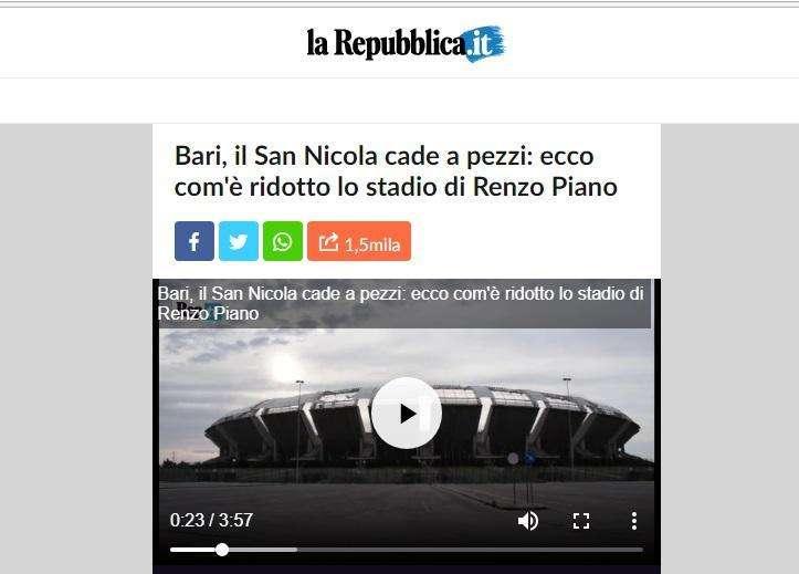 FOTO - ADL: "S. Nicola vale 100 S. Paolo". A Bari dicevano un anno fa: "Cade a pezzi, è vecchio a 27 anni!"