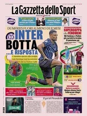 Inter, che mazzata. Gazzetta: "Dumfries fuori almeno due mesi"