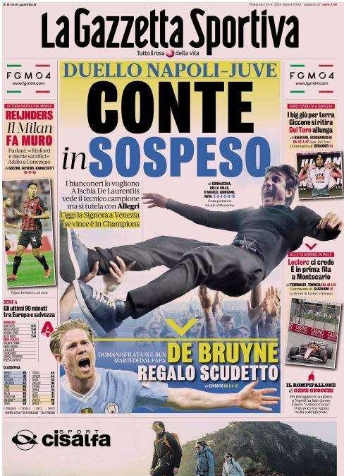 Duello Napoli-Juve in panchina, La Gazzetta dello Sport: "Conte in sospeso"