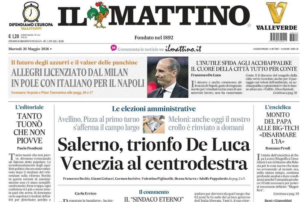 Dopo-Conte, Il Mattino: "Allegri licenziato dal Milan. In pole con Italiano per il Napoli"