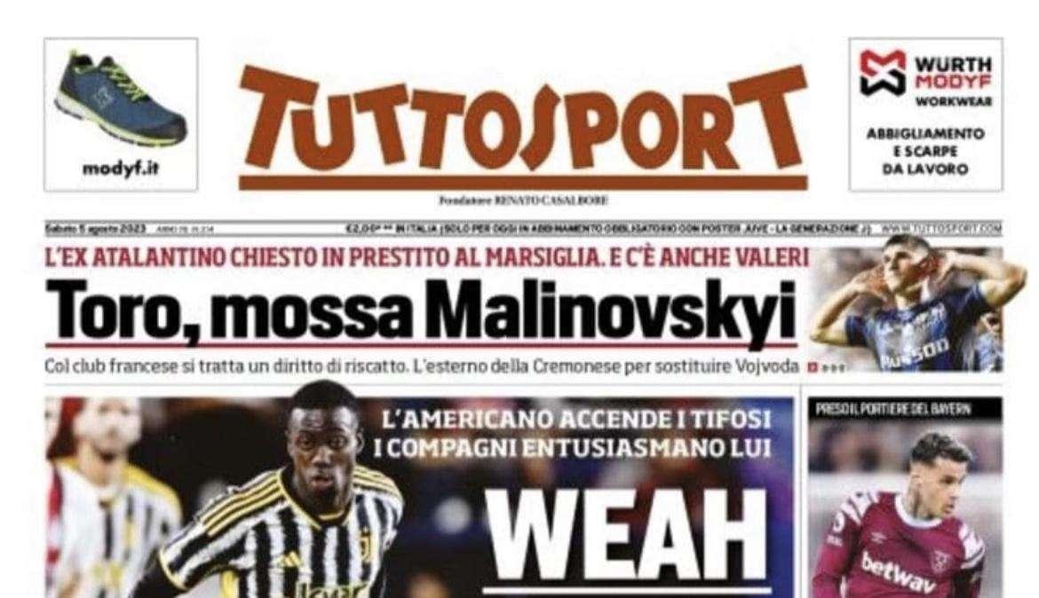PRIMA PAGINA - Tuttosport apre con l’intervista a Weah: “La mia Juve loca”