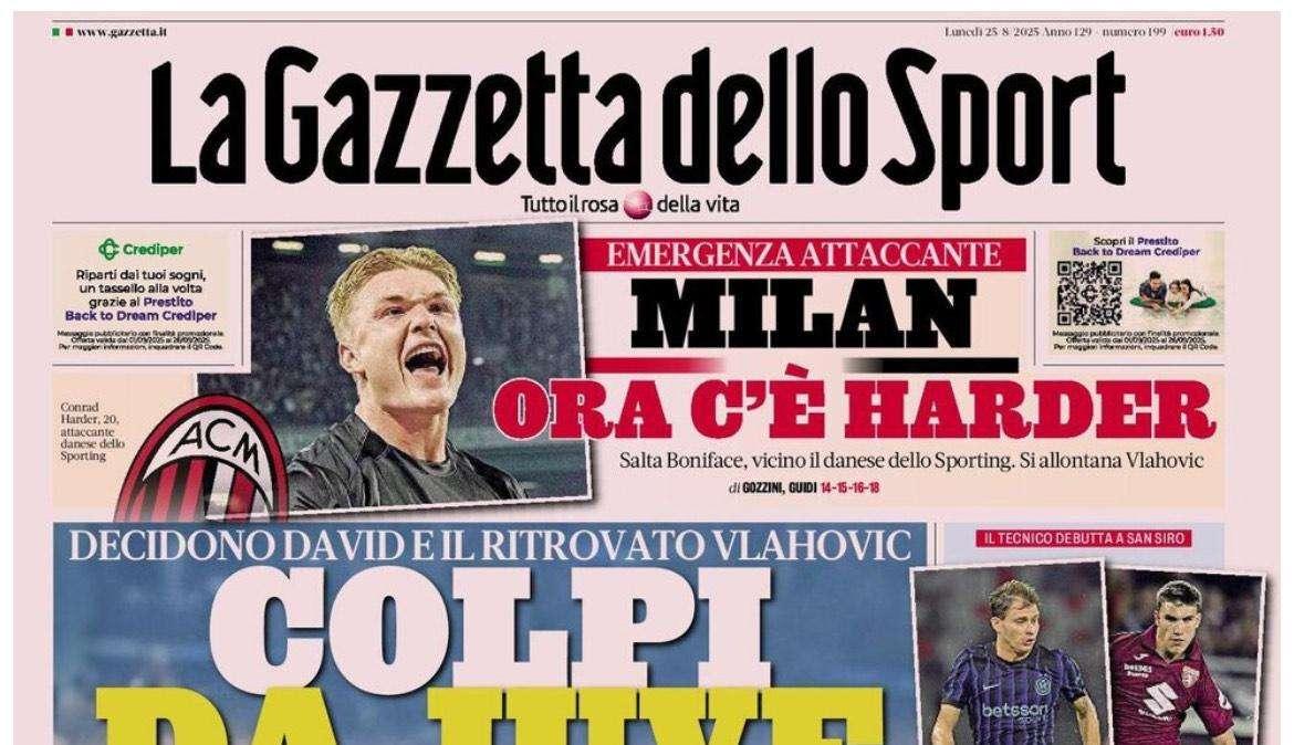 Gazzetta dello Sport sulle strategie Milan: "Niente Boniface, ora c'è Harder"