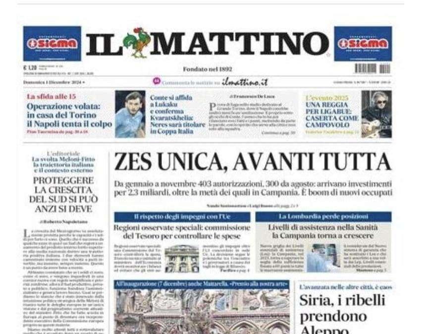 Il Mattino: "Operazione volata: in casa del Torino il Napoli tenta il colpo"