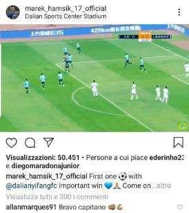 "Bravo capitano", Allan si complimenta con Hamsik per il primo gol col Dalian