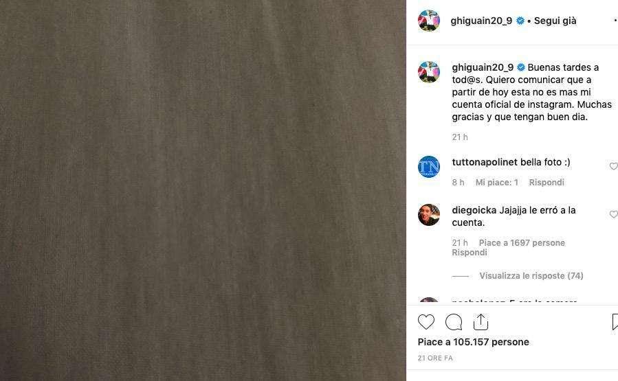FOTO - Higuain chiude il suo profilo Instagram: ecco l'ultimo messaggio social 