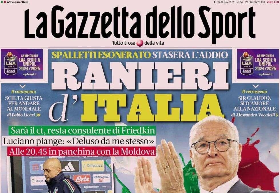 "Ranieri d'Italia": la Gazzetta dello Sport in prima pagina sul post Spalletti